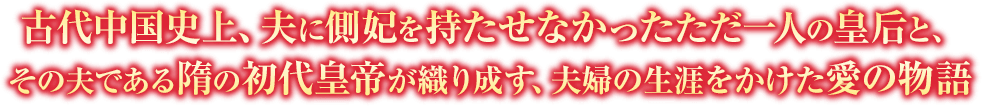 古代中国史上、夫に側妃を持たせなかったただ一人の皇后と、その夫である隋の初代皇帝が織り成す、夫婦の生涯をかけた愛の物語